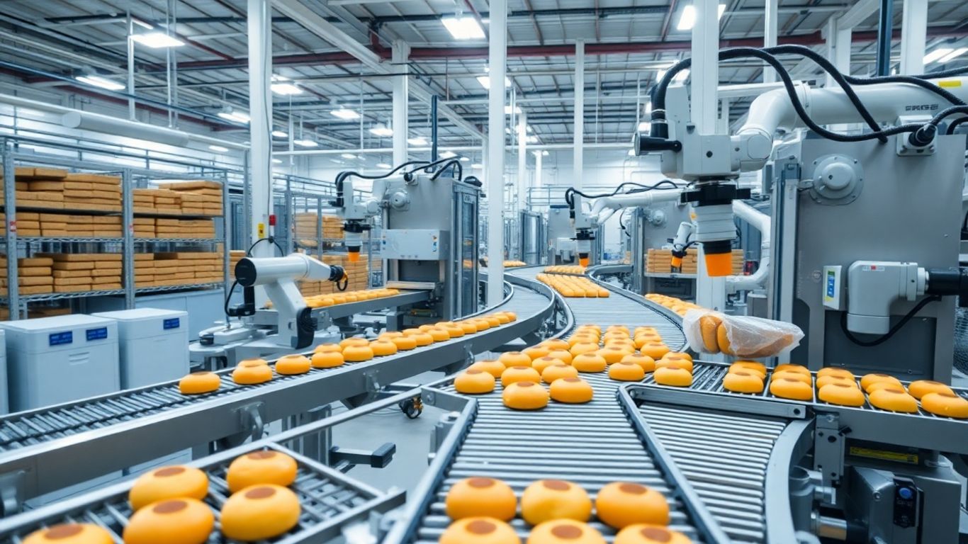 Moderne Großbäckerei mit automatisierten Verpackungs- und Logistikmaschinen.