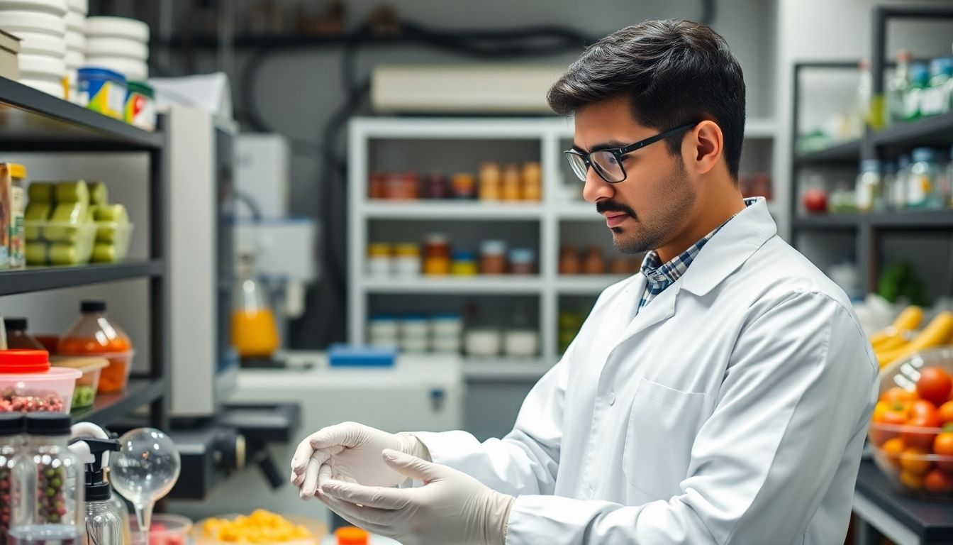 Um engenheiro de alimentos trabalhando em laboratório, rodeado por equipamentos modernos e amostras de alimentos.