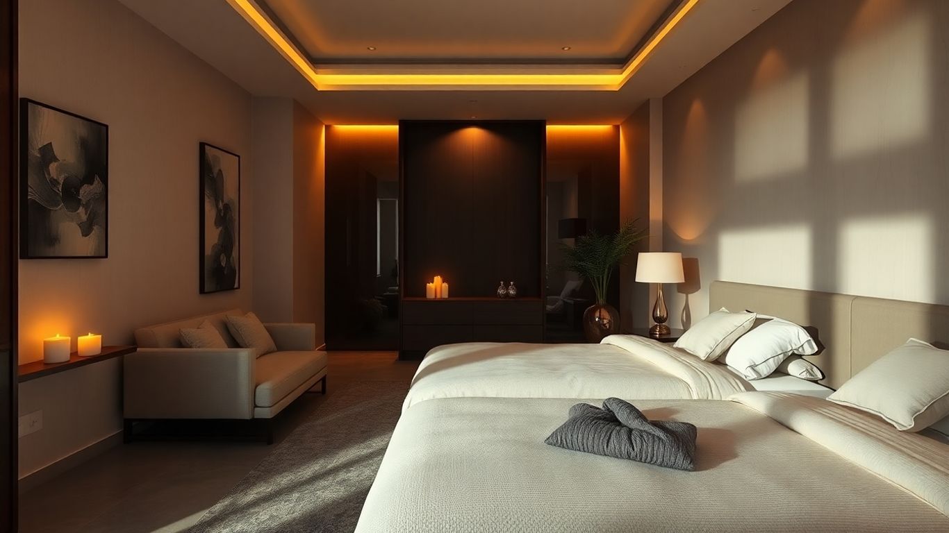 Suite luxueuse avec lumière tamisée et ambiance relaxante.