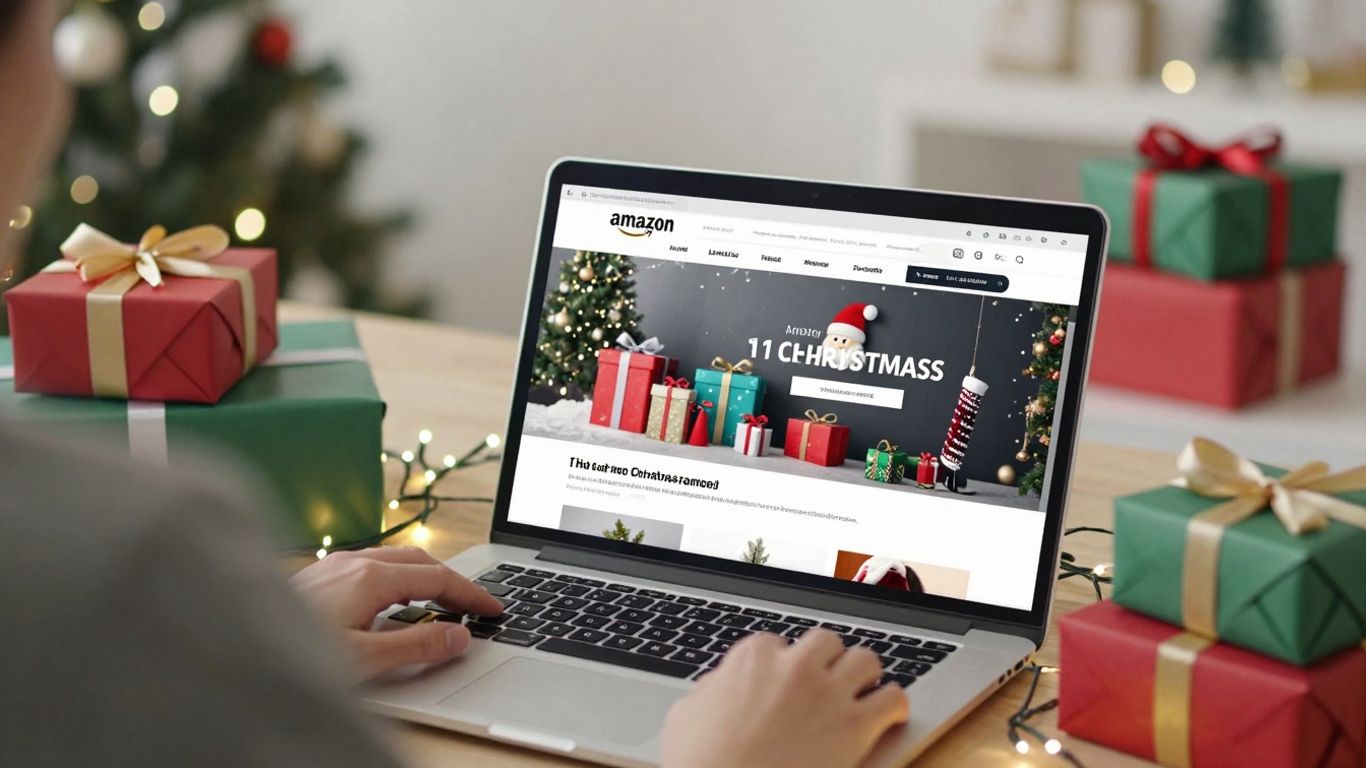 Amazon Christmas list on a laptop with gifts.
