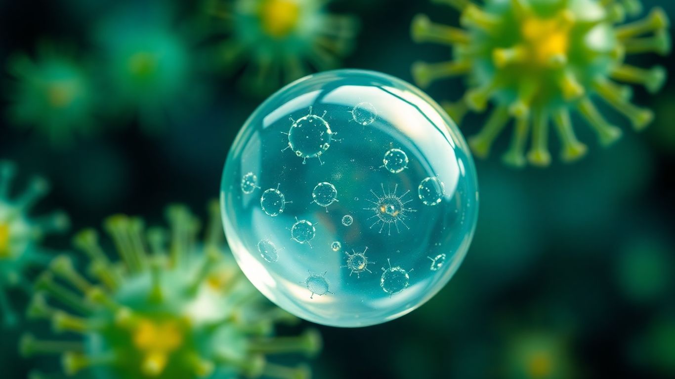 Liposomal sphere with vibrant immune cells in background