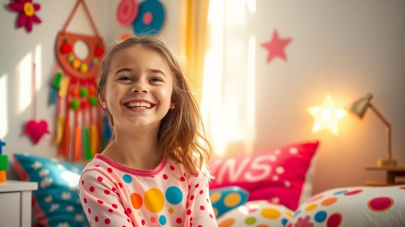 Happy girl with personalized room decor and gifts.