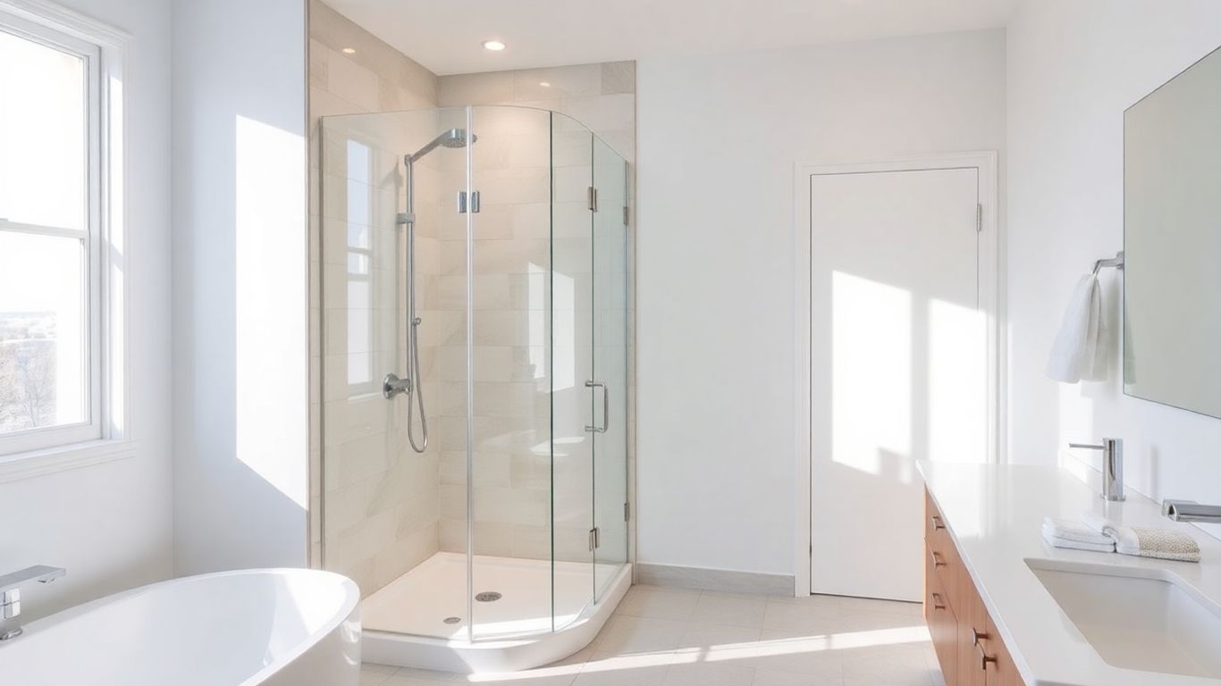 Modern bathroom with a glass-enclosed walk-in shower.