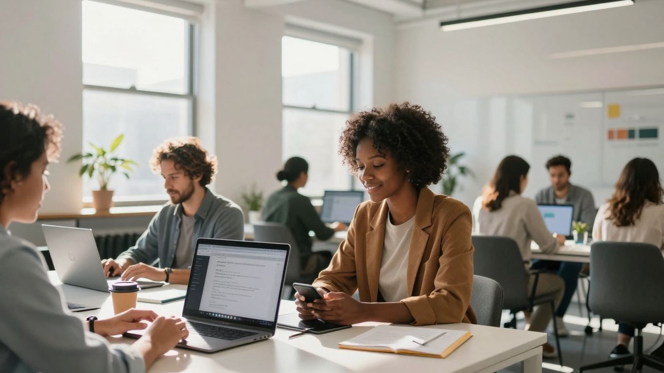 Bhip GDP office with people collaborating and laptop