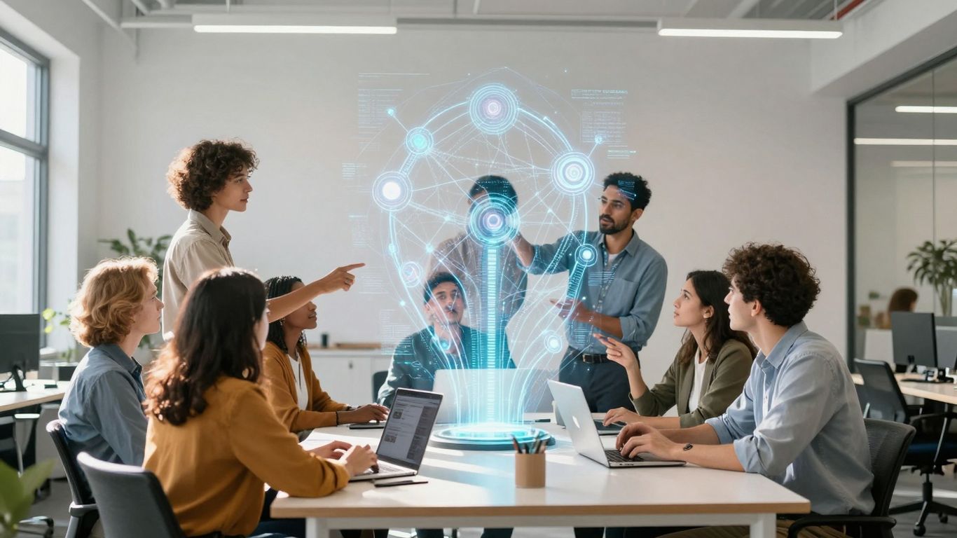 Open innovation platform. Diverse team collaborating on innovation ideas with a holographic display.