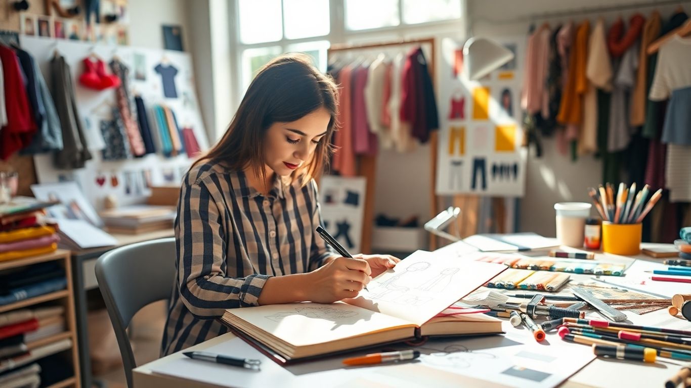 Designer sketching clothing ideas with fabric swatches.
