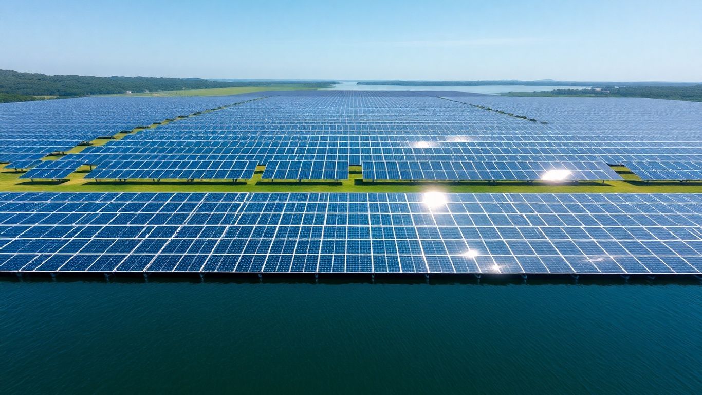 Panouri solare plutind pe apă sub cerul senin.