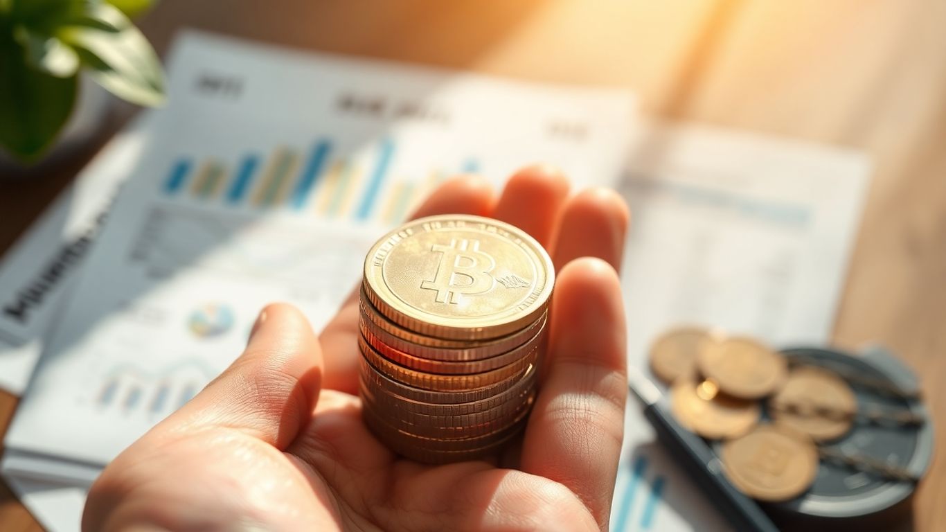 Hand holding coins, financial growth concept.