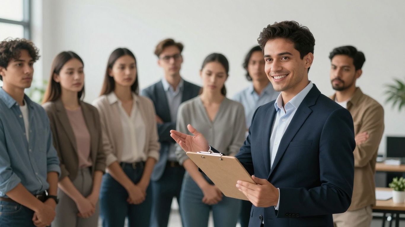 Insurance agent assisting clients with paperwork.