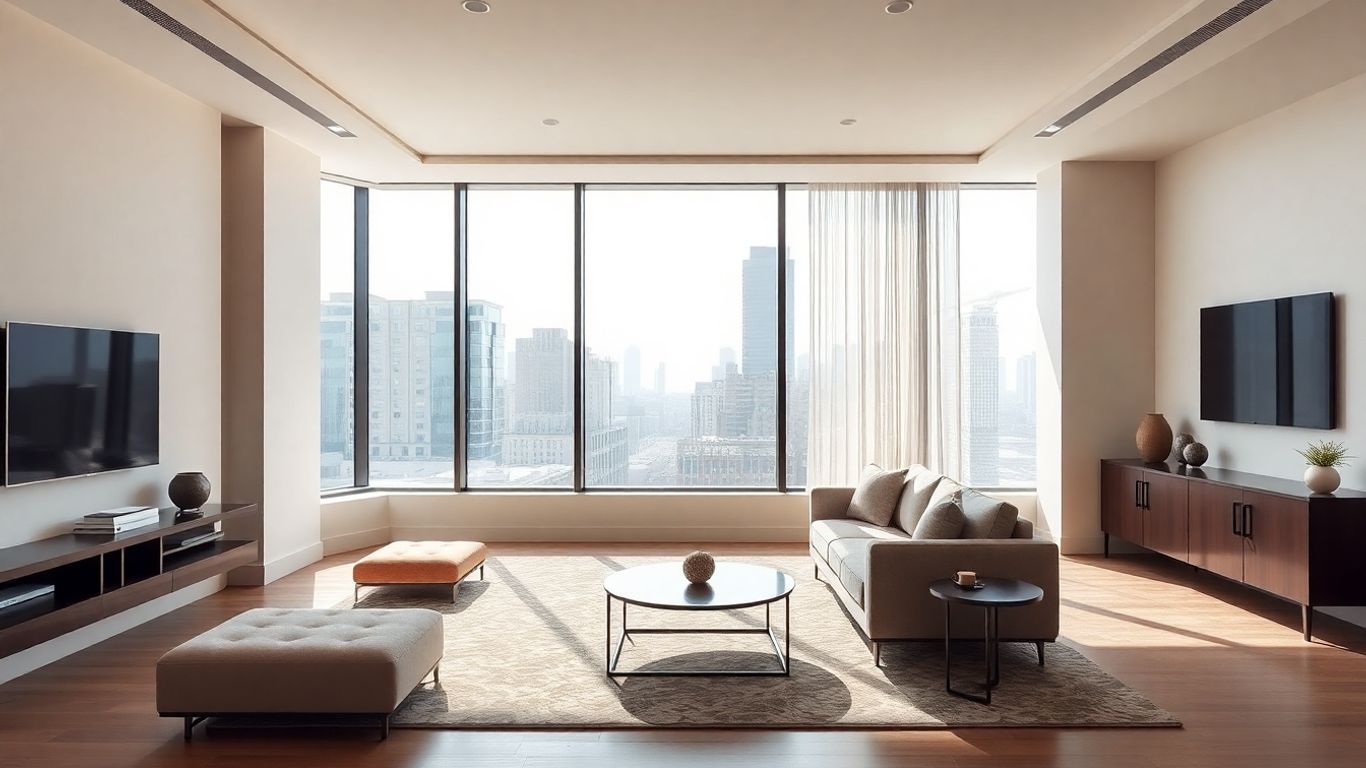 Modern living room interior with cityscape view.