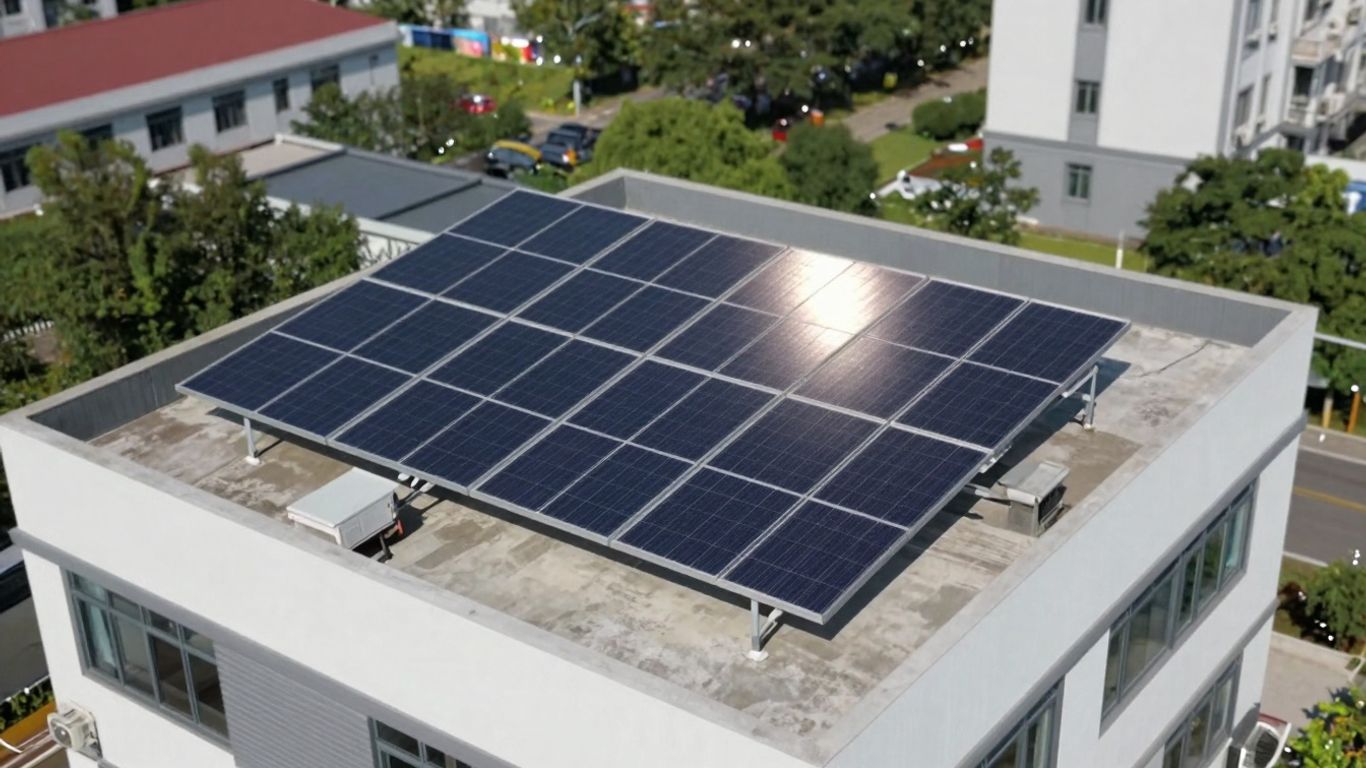 Commercial Building With Rooftop Solar Panels Under The Sun.