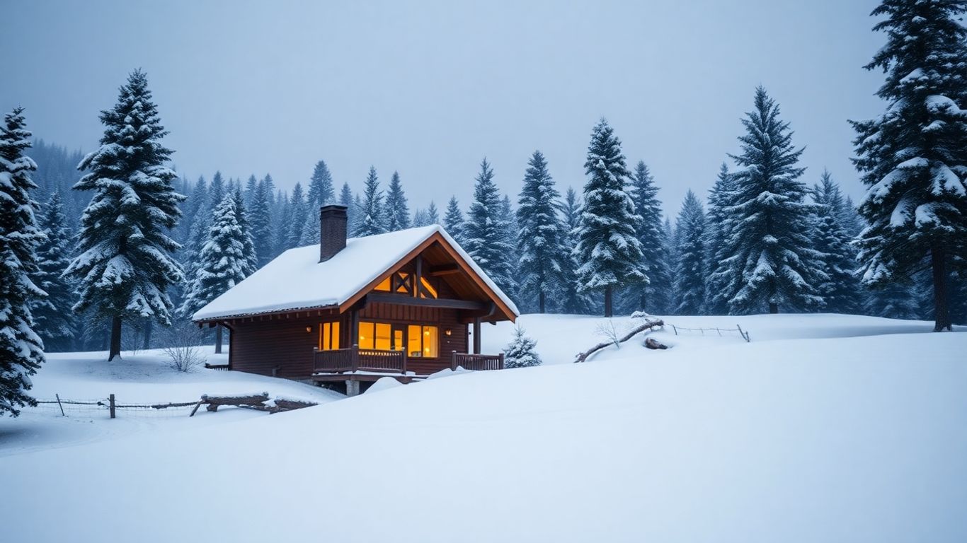 Snowy cabin in a winter forest landscape.