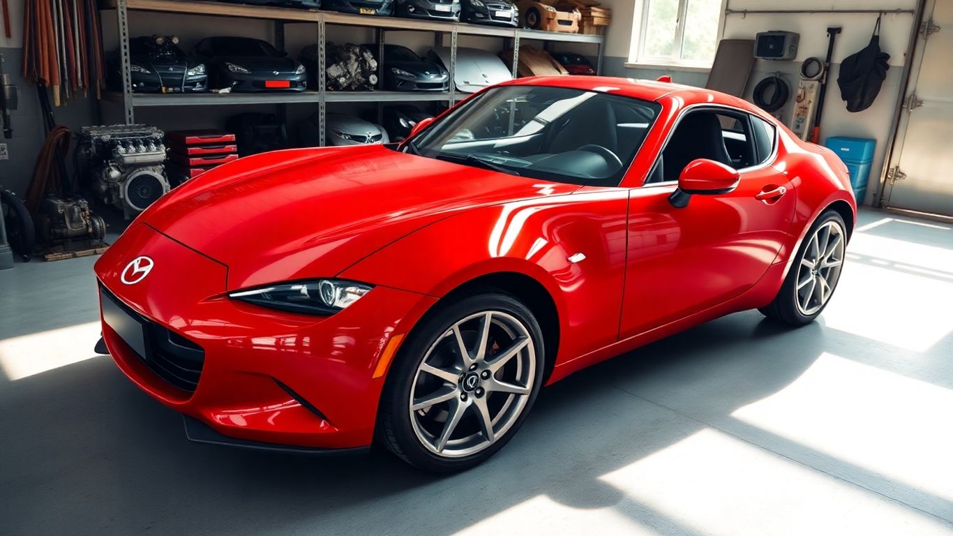 Mazda car and replacement parts in a garage.