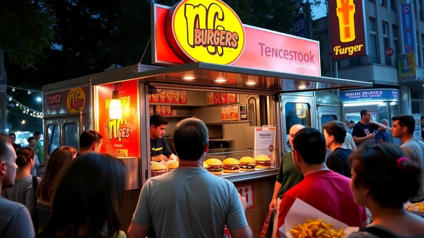 Camion de street food cu clienți mulțumiți.
