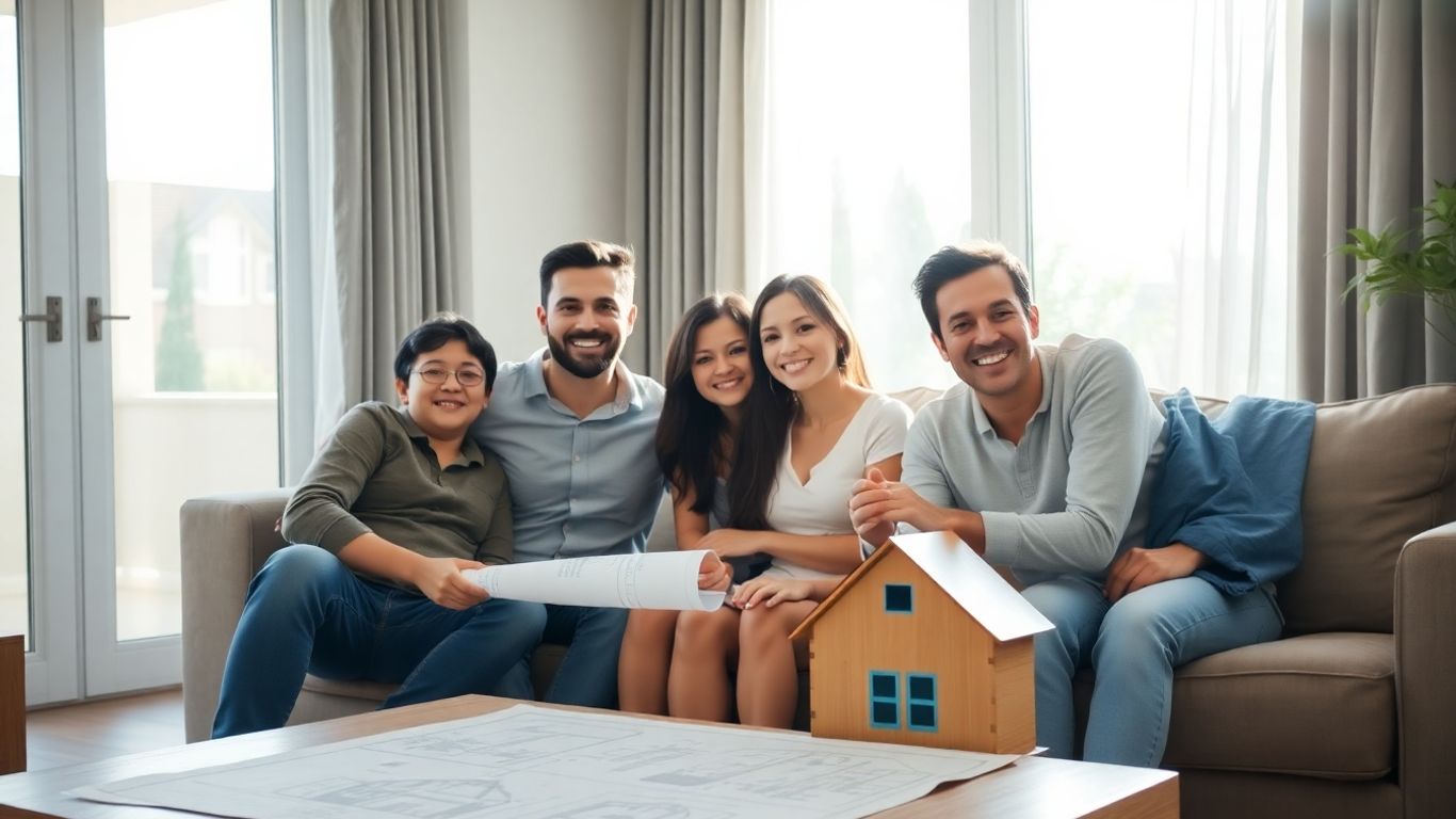 Familia feliz en sala de estar segura y cómoda.