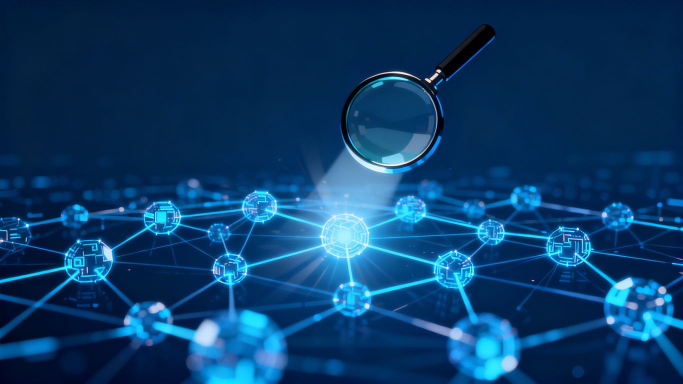 Magnifying glass over digital network