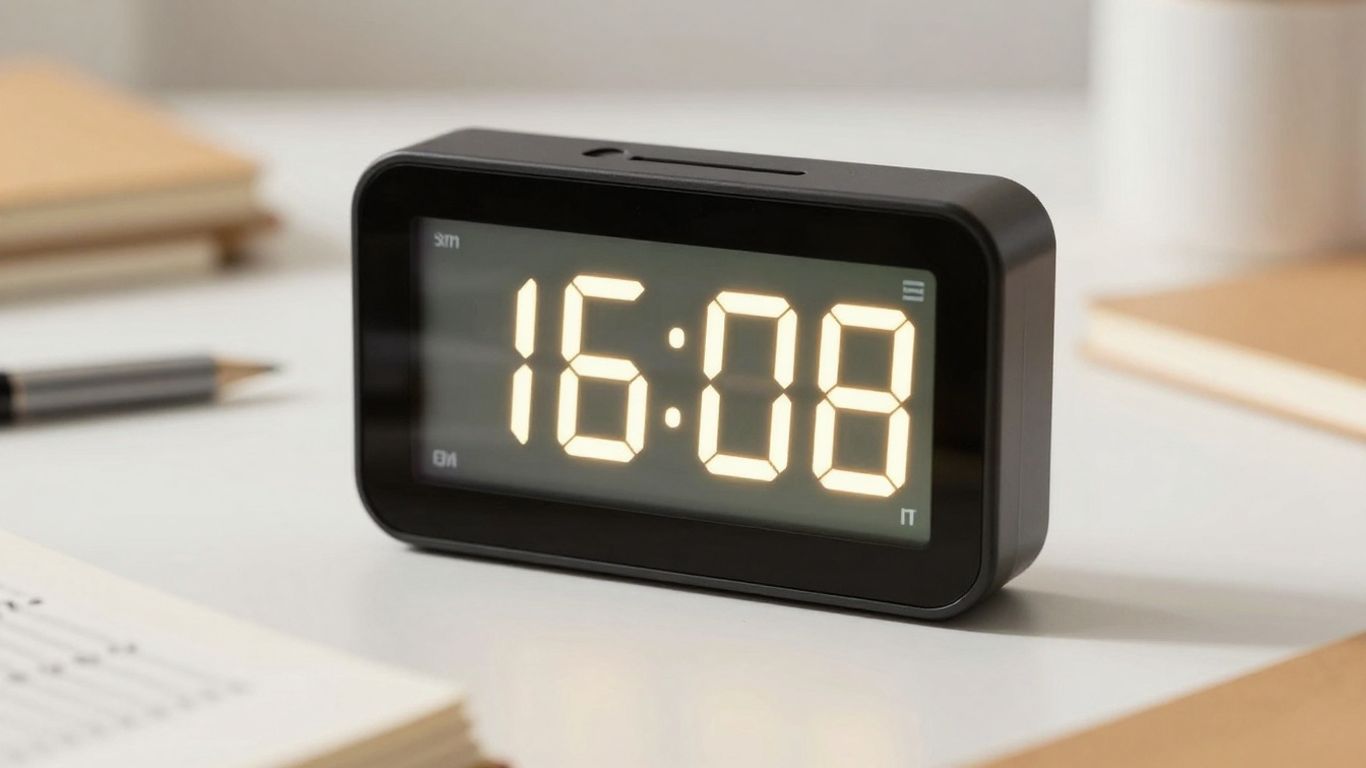 Modern digital timer on a study desk.