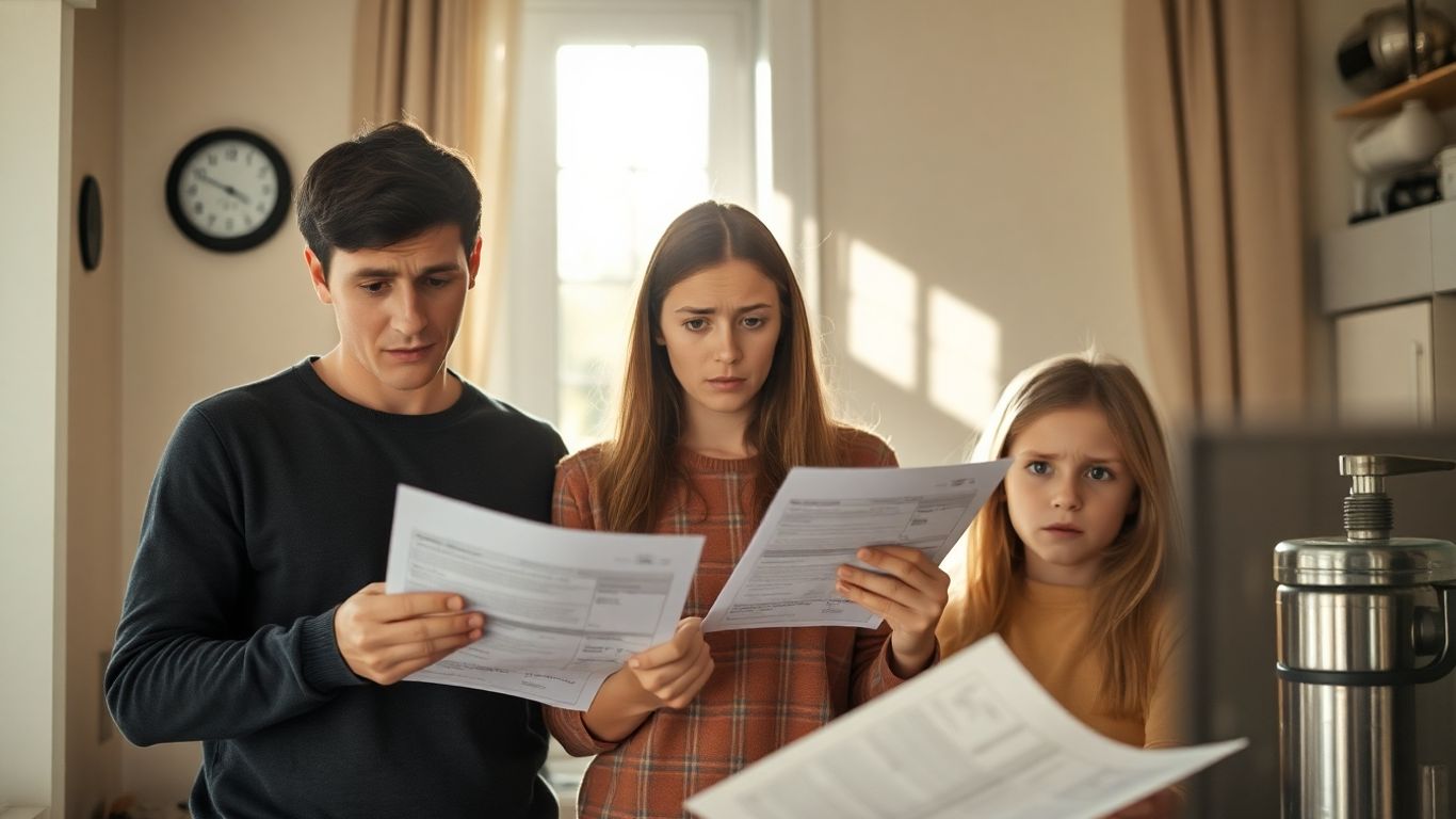 Worried family holding energy bills at home.