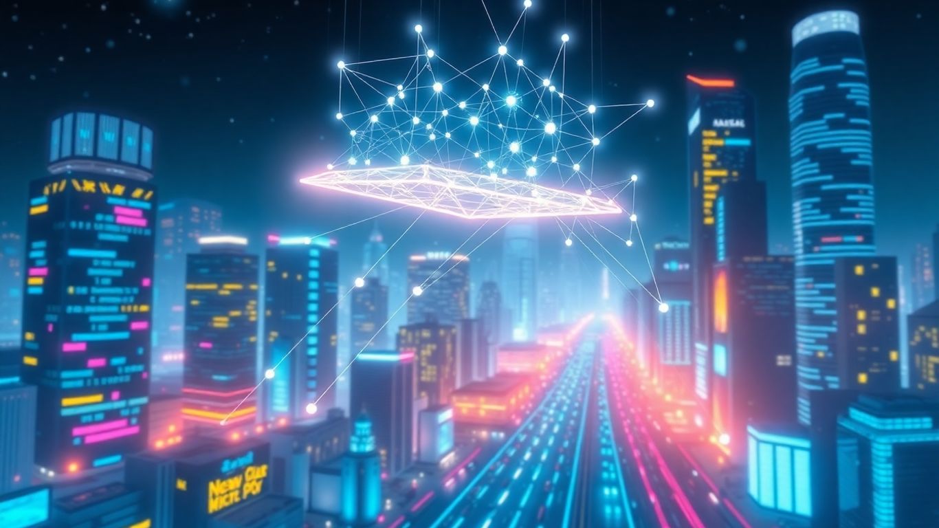 Blockchain technology connecting consumers in a futuristic digital landscape.