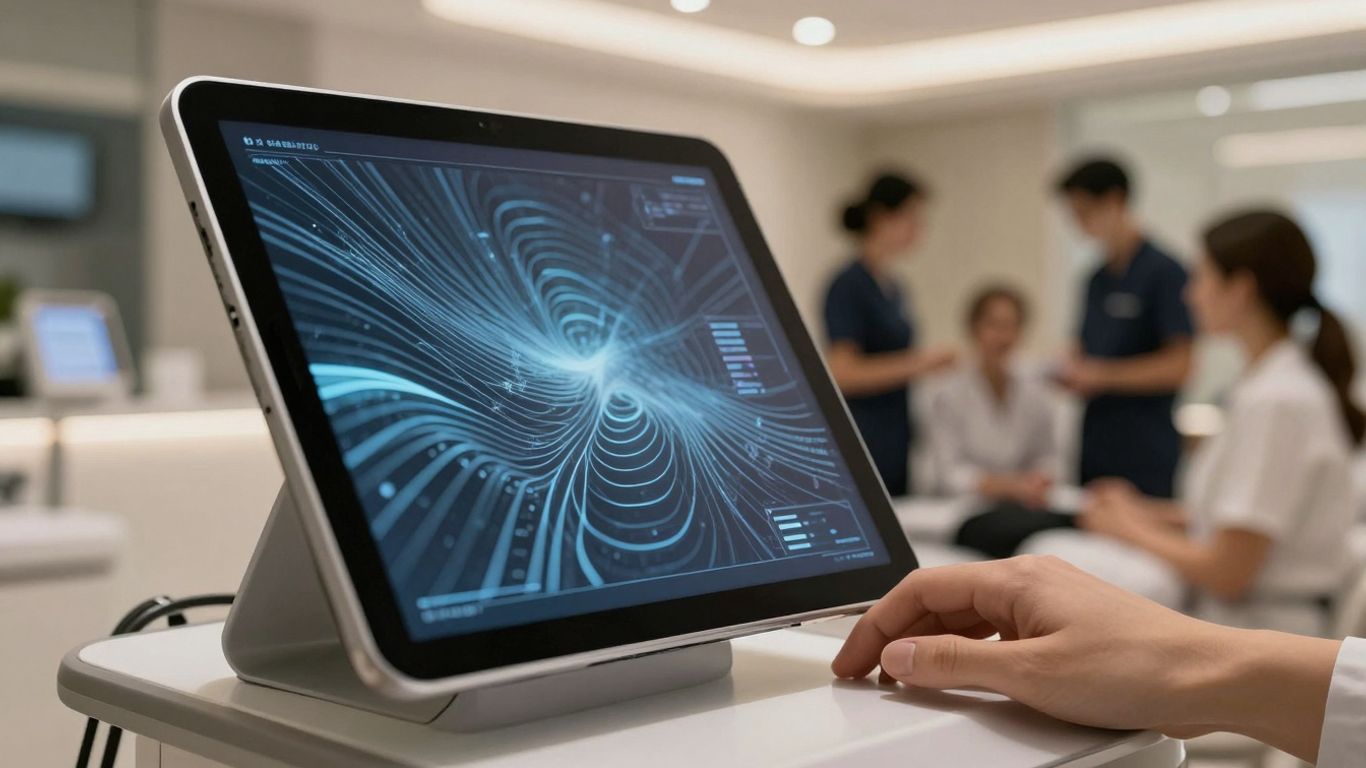 Medspa interior with AI tablet and clients.