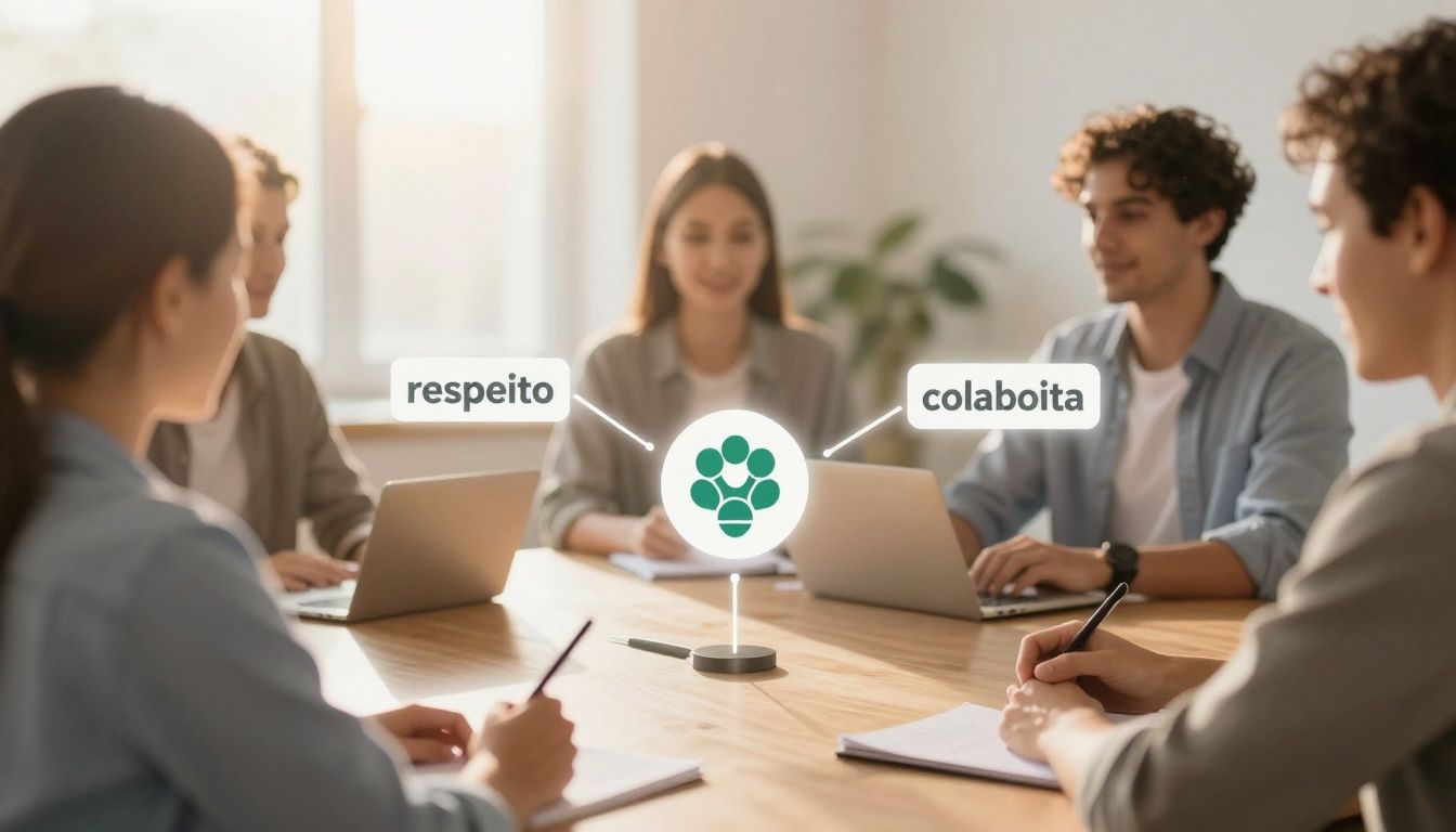 Capa mostrando pessoas conectadas por símbolos de valores como ética, respeito e colaboração, em cenário luminoso e inspirador