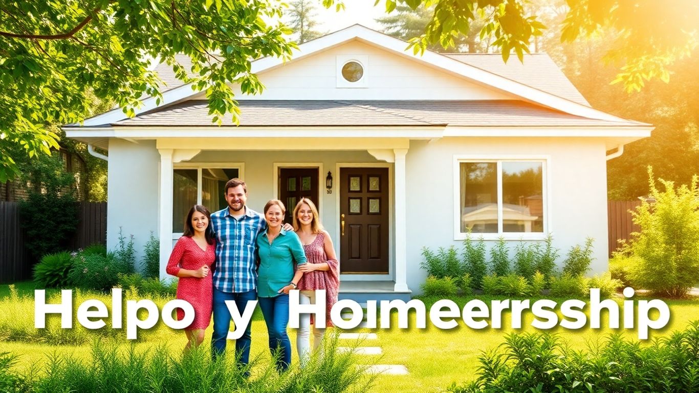 Família feliz em frente a uma casa nova e moderna.