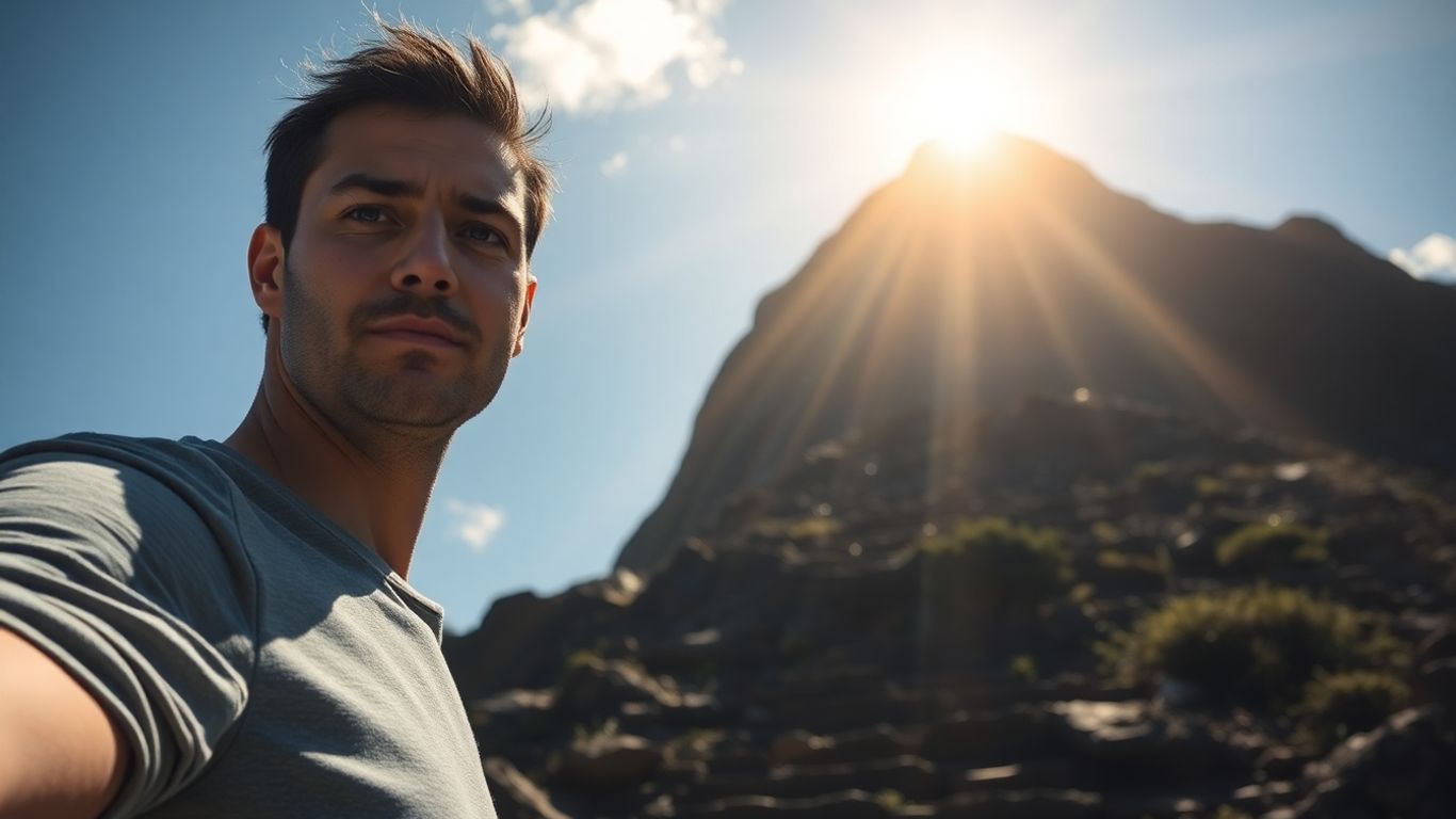 Person climbing a path towards a bright summit.