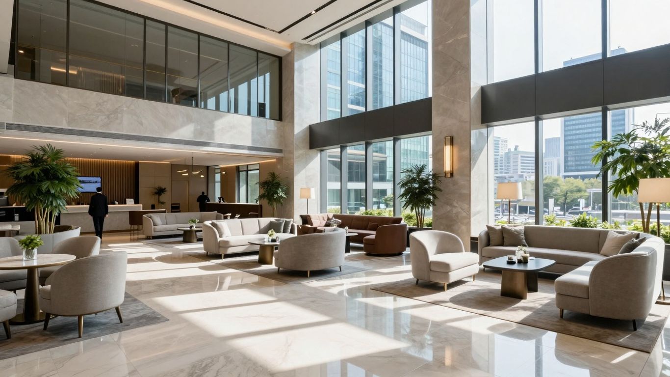 Modern hotel lobby in Seoul with city views.