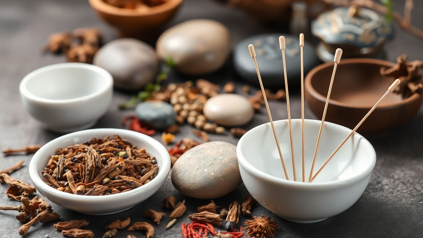 Traditionelle Chinesische Medizin mit Kräutern und Nadeln