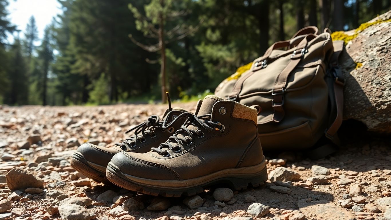 Durable hiking boots and backpack on a trail.