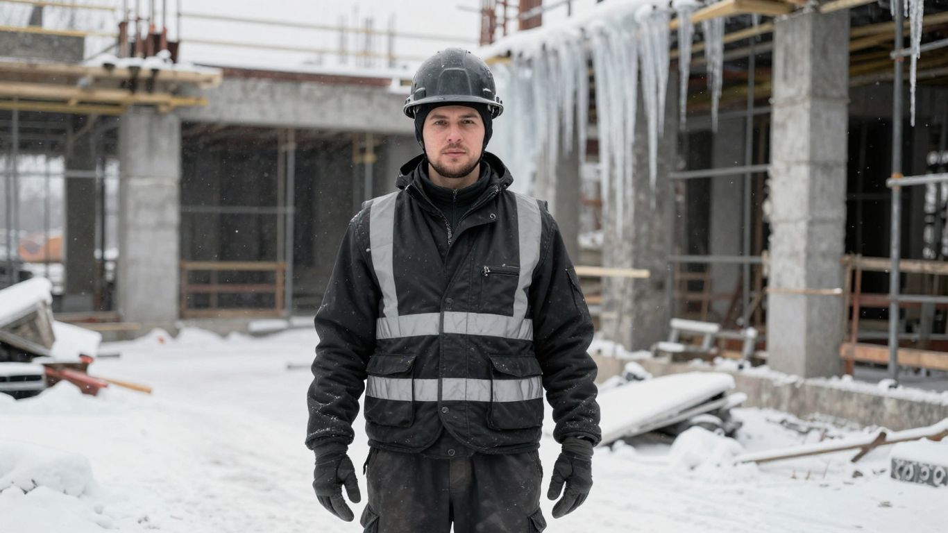 Contractor in snow, winter construction site, high visibility vest.