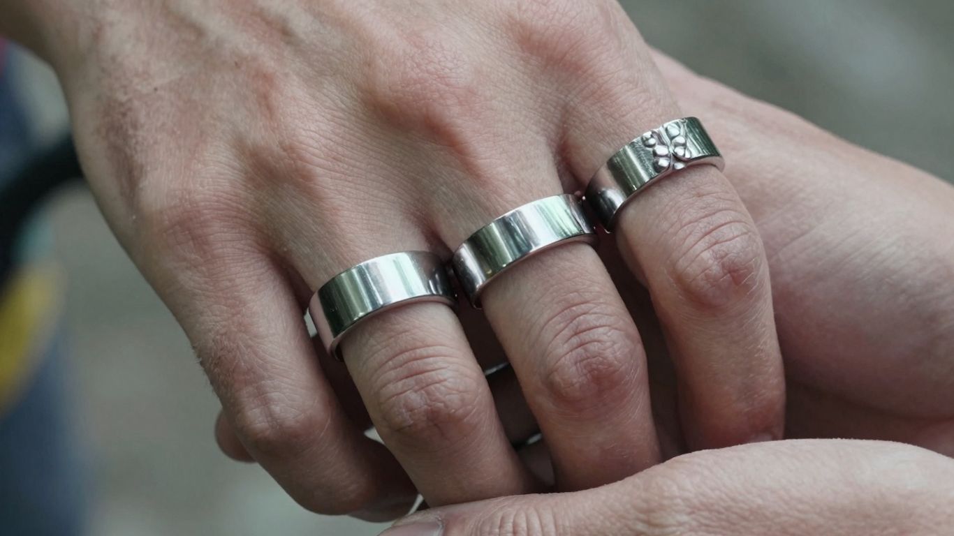 Climber's hands wearing acupressure rings.