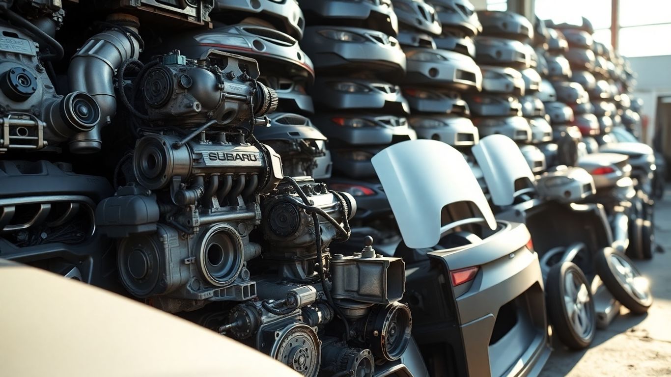 Subaru car parts stacked in a salvage yard.