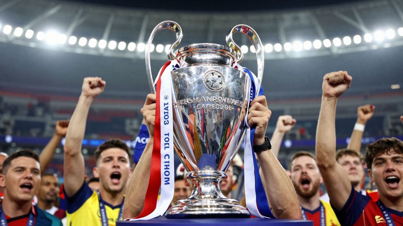 Champions League trophy with stadium lights and fans.