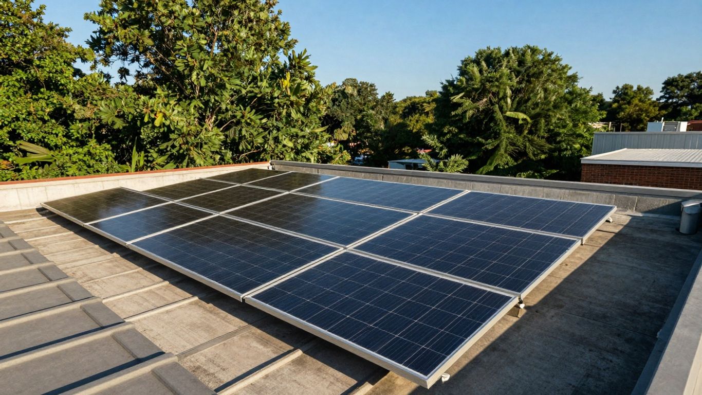 Rooftop Solar Panel Array On A Flat Roof With Trees In The Background, Relevant To The Maryland Solar Tax Credit.