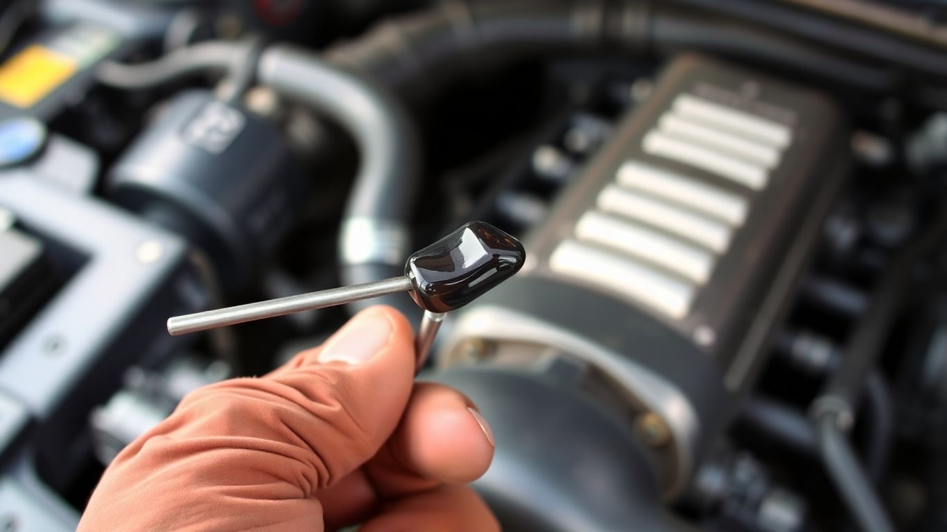 Car engine oil dipstick with dark used oil.