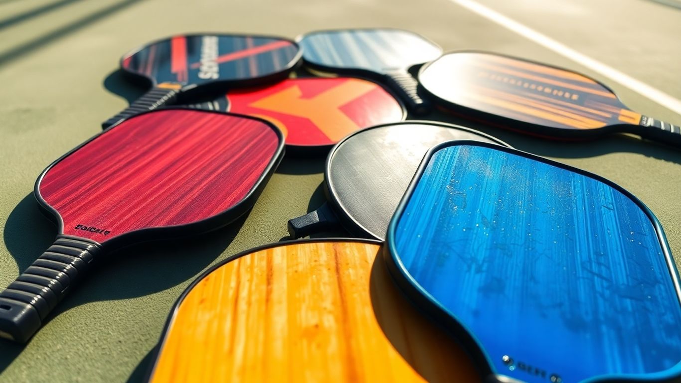 Pickleball rackets on a court surface.