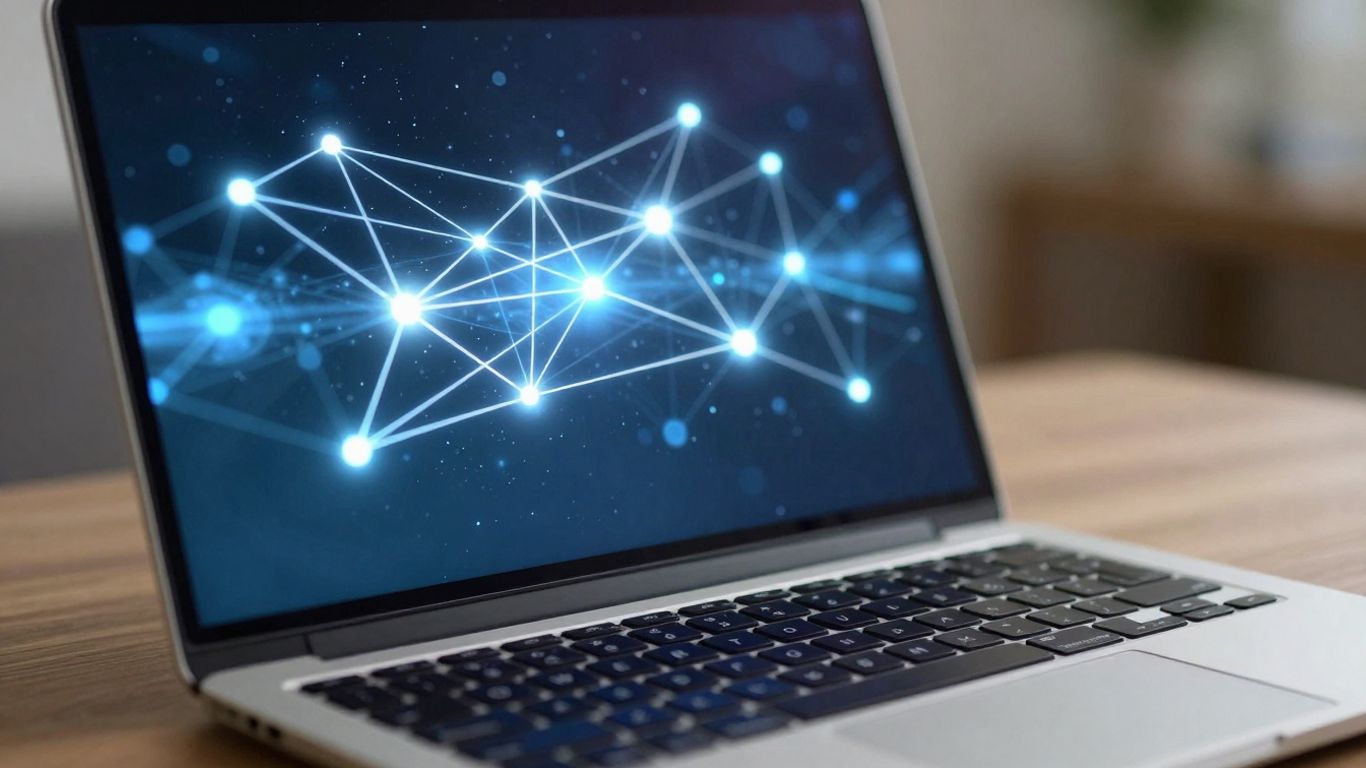 Modern laptop screen with glowing digital network.