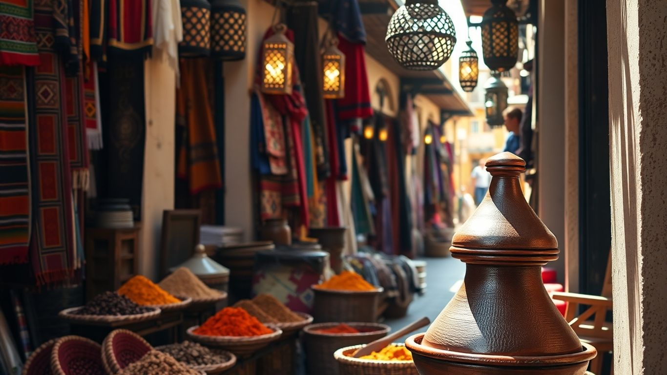 Colorful Moroccan market with textiles and lanterns.