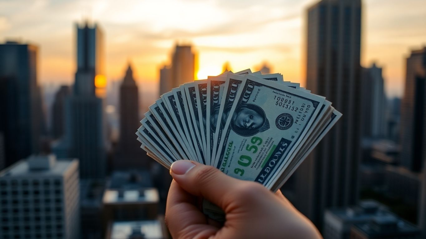 Stack of money with financial district background.