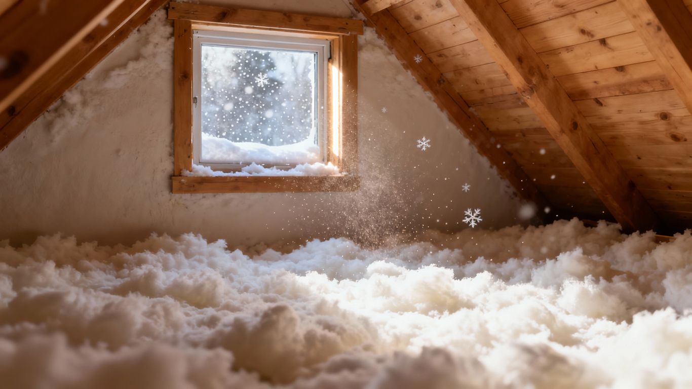 Attic insulation installation in winter with snow outside.
