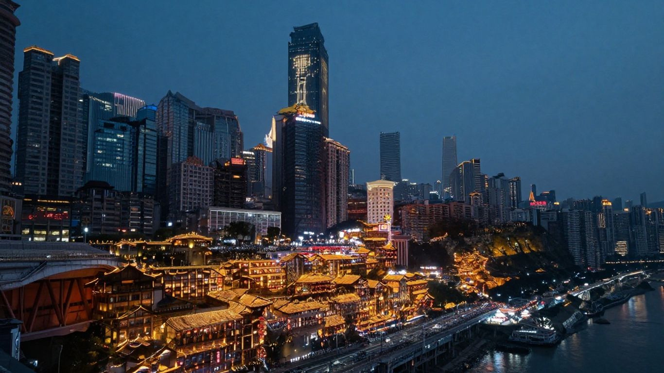Modern Chinese cityscape with financial district and river.