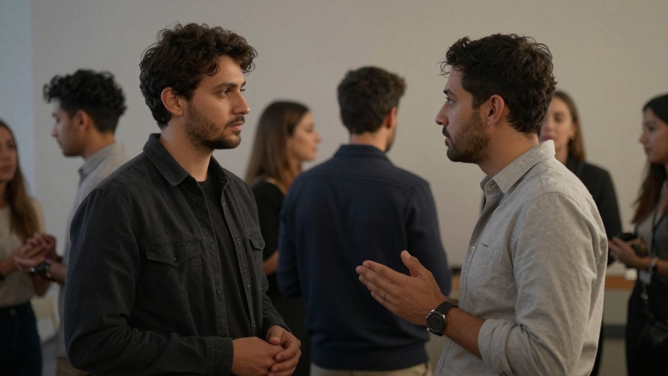 People interacting in a social setting, showing different engagement levels.