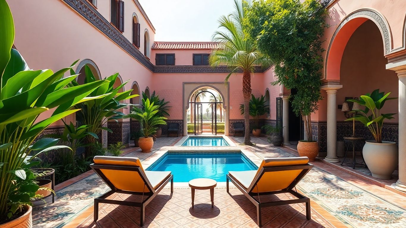 Luxurious Moroccan riad courtyard with pool and palm trees.