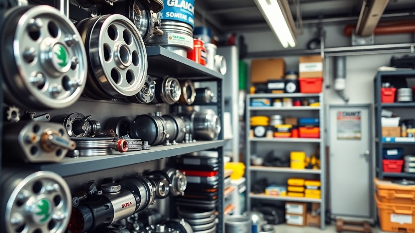 Skoda car parts arranged in a garage