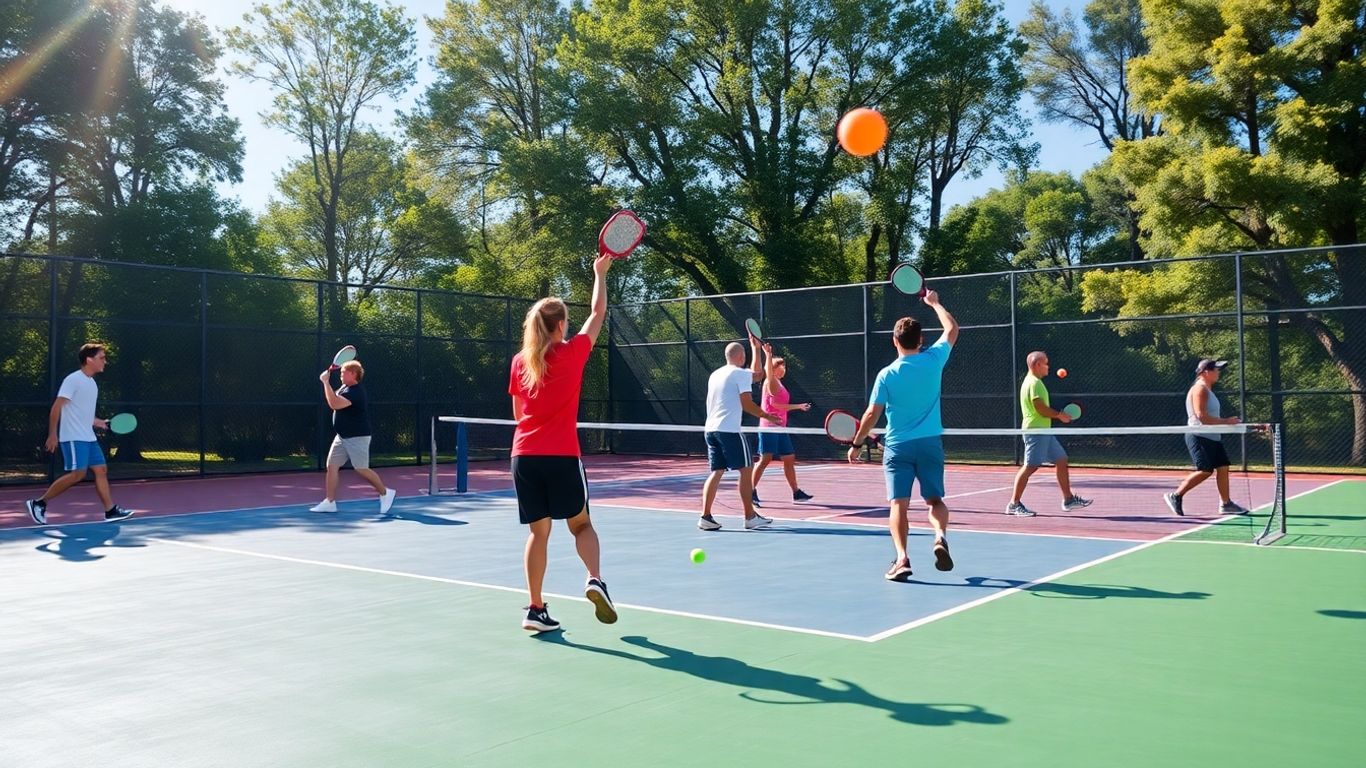 Pickleball players mid-game on a sunny court.