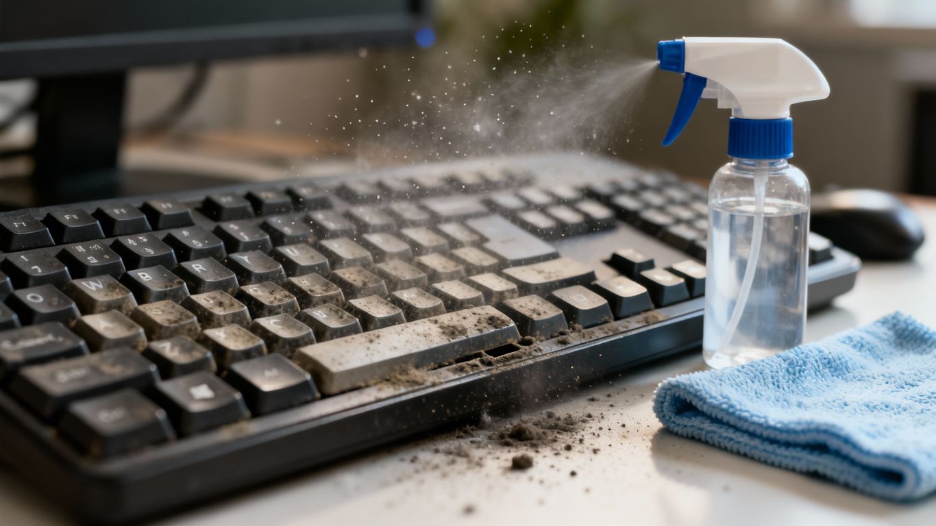 Špinavá klávesnica pripravená na čistenie s čistiacimi prostriedkami.