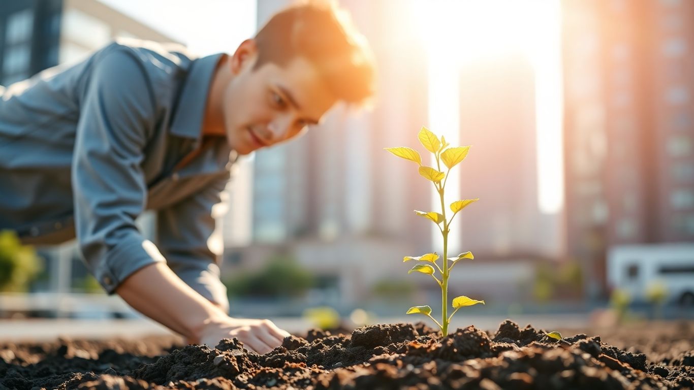 Antreprenor plantează un copac, simbolizând creștere și sustenabilitate.