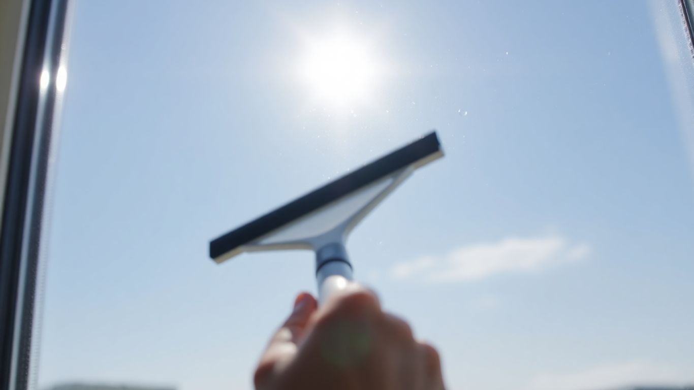 Sparkling clean window with sunlight and squeegee.