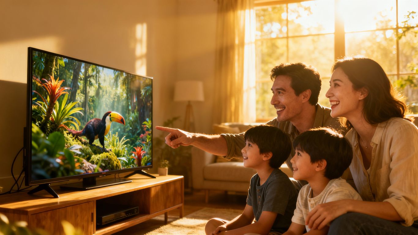 Family watching satellite TV together in living room.